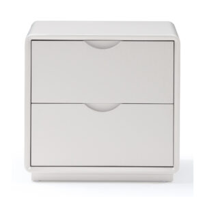 Arc White Two-Drawer Bedside Table with Recessed Pulls — supplier studio view showing the complete product