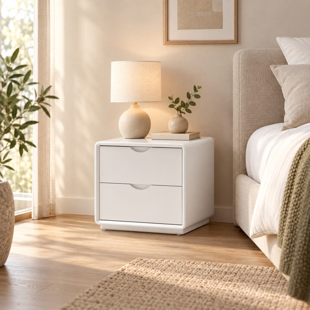 Arc White Two-Drawer Bedside Table with Recessed Pulls — angled bedside view with a lamp