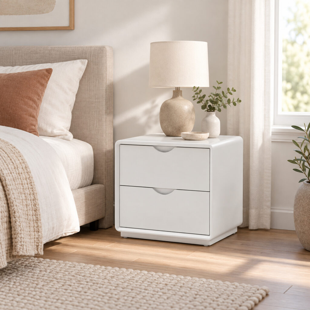 Arc White Two-Drawer Bedside Table with Recessed Pulls — alternate bedside view showing both drawers