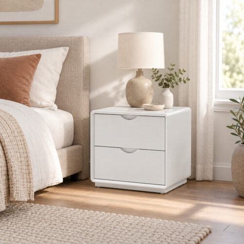 Arc White Two-Drawer Bedside Table with Recessed Pulls — alternate bedside view showing both drawers