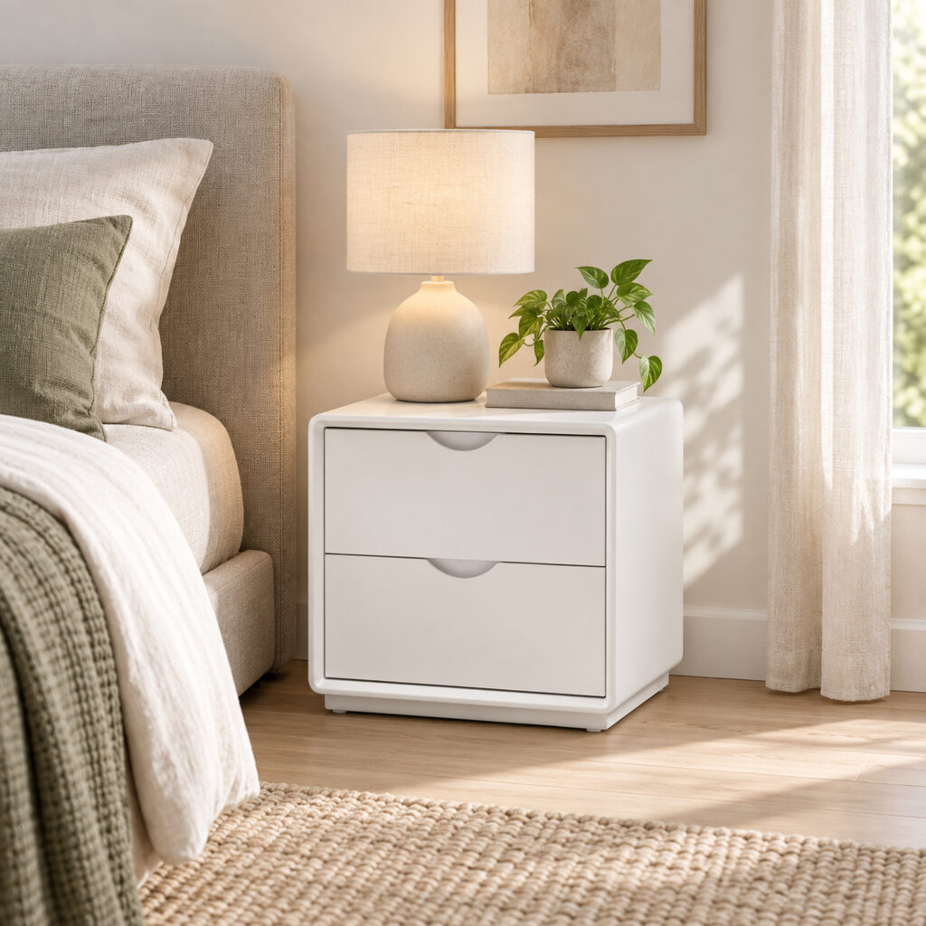 Arc White Two-Drawer Bedside Table with Recessed Pulls — elevated bedside view showing the top