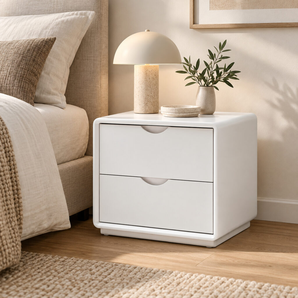 Arc White Two-Drawer Bedside Table with Recessed Pulls — closer bedside view showing drawer fronts and base