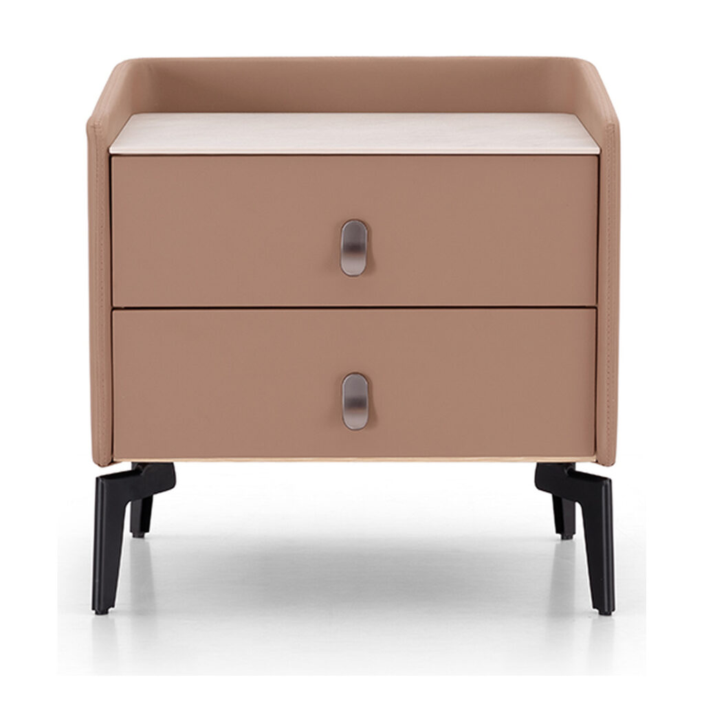 Halo Camel Two-Drawer Bedside Table with Raised Edges — supplier studio view showing the complete product
