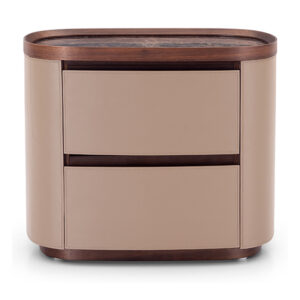 Pebble Camel Two-Drawer Bedside Table with Mottled Inset Top — supplier studio view showing the complete product