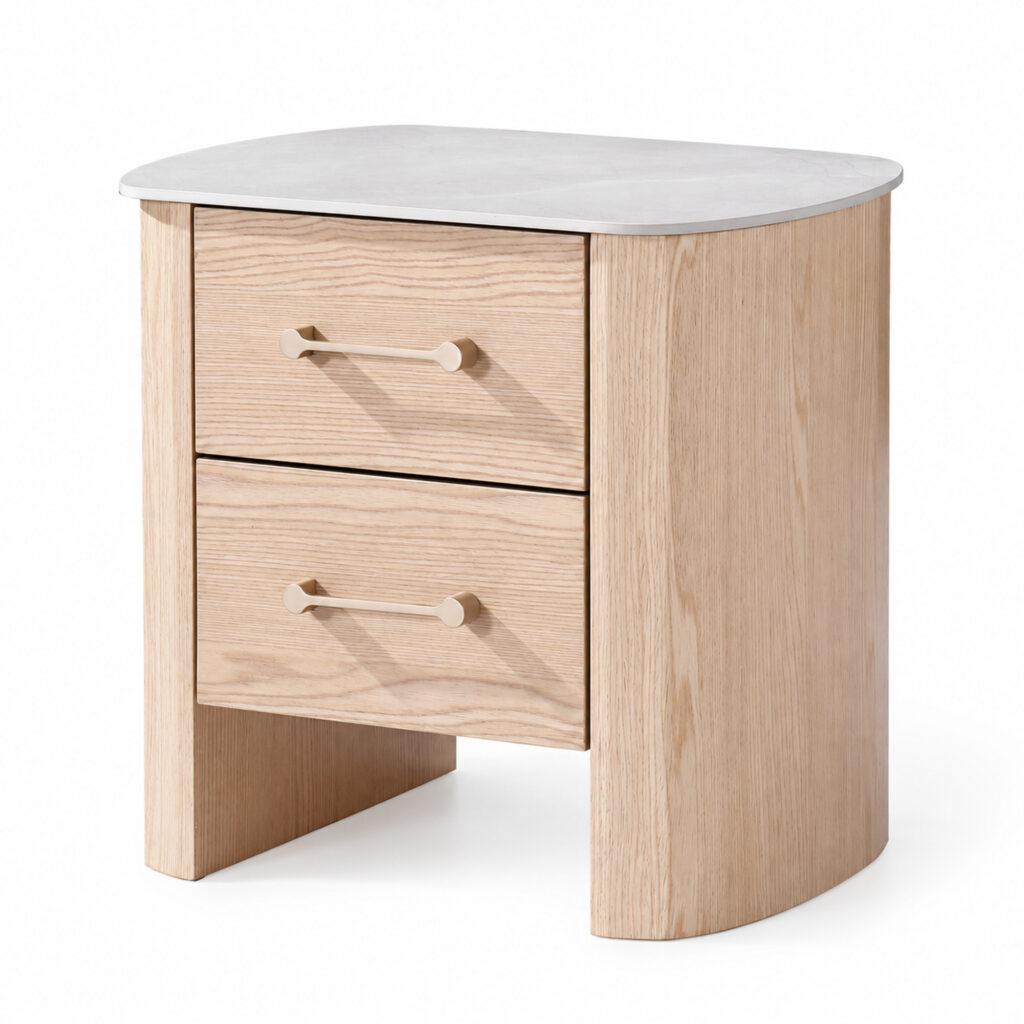 Natural Wood-Tone Bedside Table with Two Drawers — studio product view