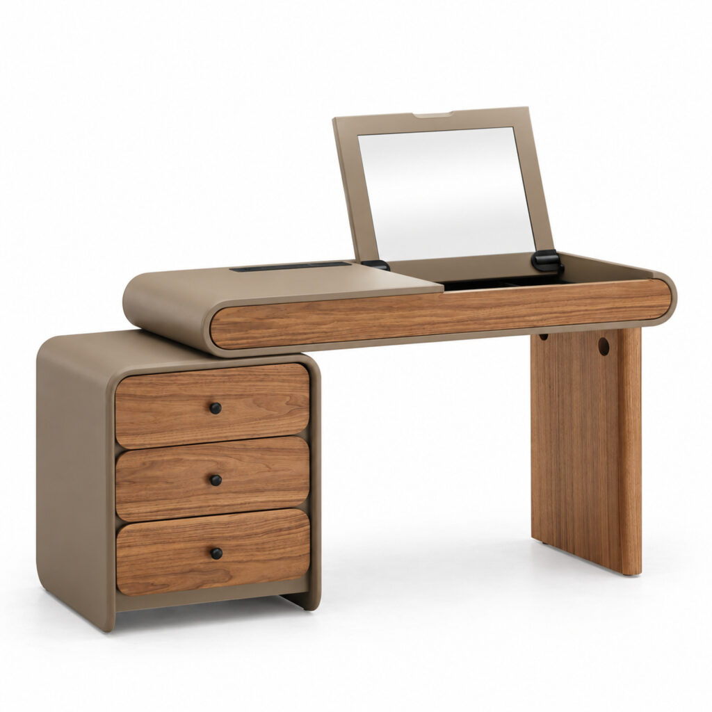 Khaki and Walnut-Tone Dressing Table with Drawer Cabinet — studio product view