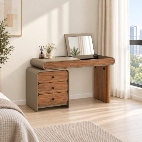 Khaki and Walnut-Tone Dressing Table with Drawer Cabinet — styled room view 1