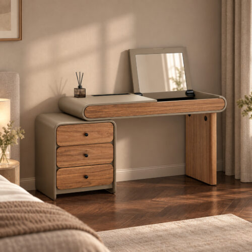 Khaki and Walnut-Tone Dressing Table with Drawer Cabinet — styled room view 2