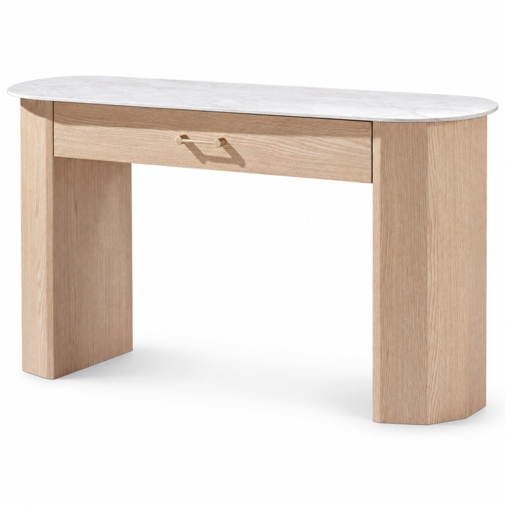 Natural Wood-Tone Dressing Table with Sintered-Stone Top — studio product view