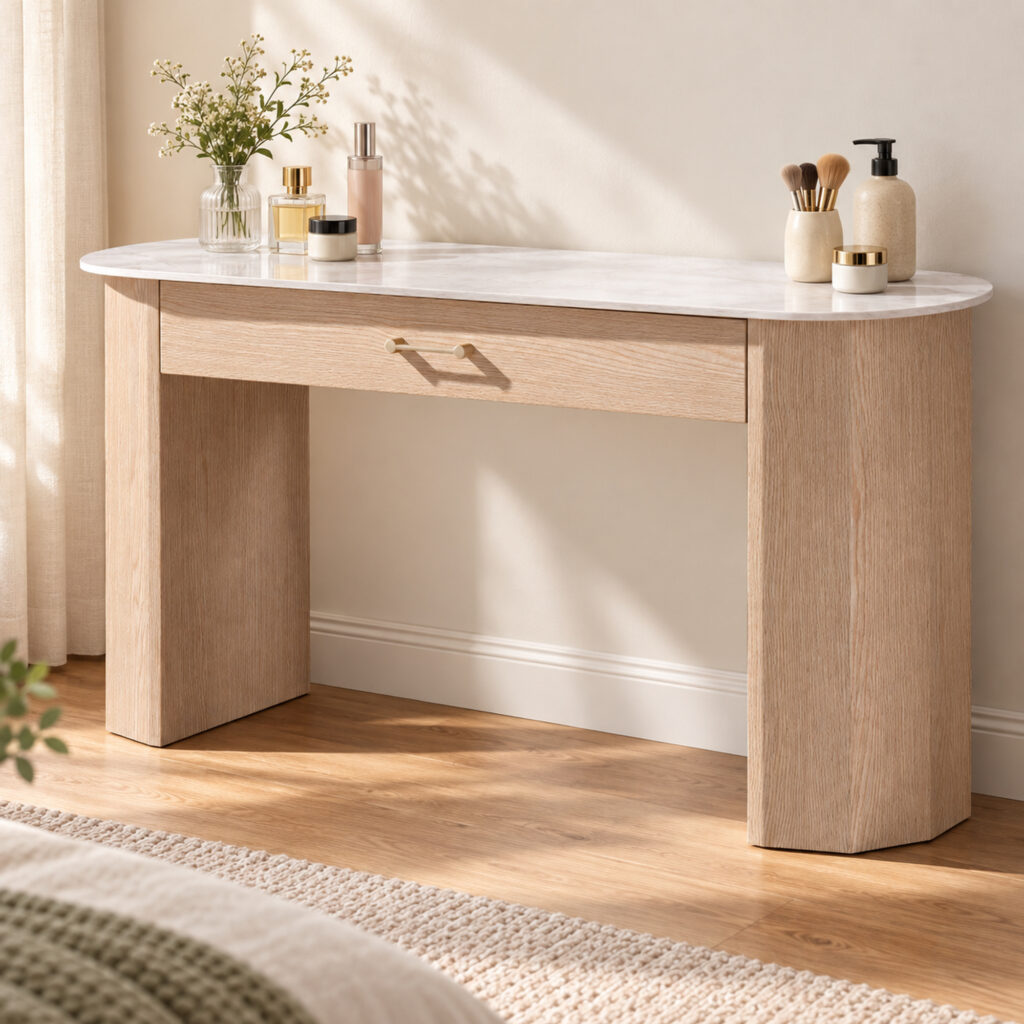 Natural Wood-Tone Dressing Table with Sintered-Stone Top — styled room view 1