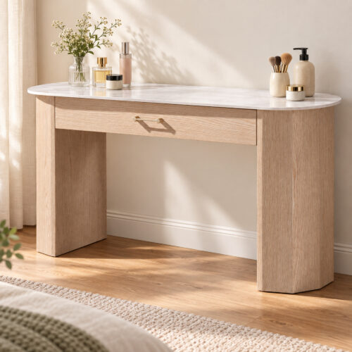 Natural Wood-Tone Dressing Table with Sintered-Stone Top — styled room view 1