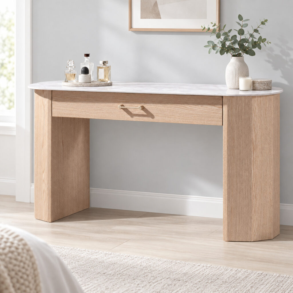 Natural Wood-Tone Dressing Table with Sintered-Stone Top — styled room view 2