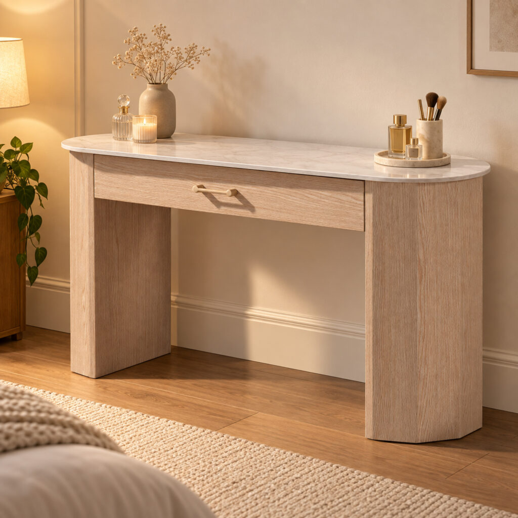 Natural Wood-Tone Dressing Table with Sintered-Stone Top — styled room view 3