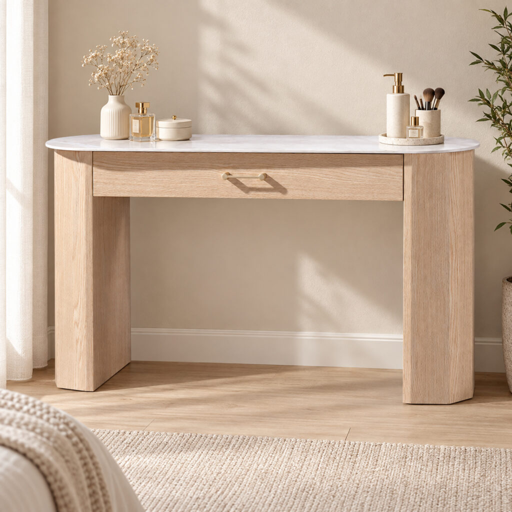 Natural Wood-Tone Dressing Table with Sintered-Stone Top — styled room view 4