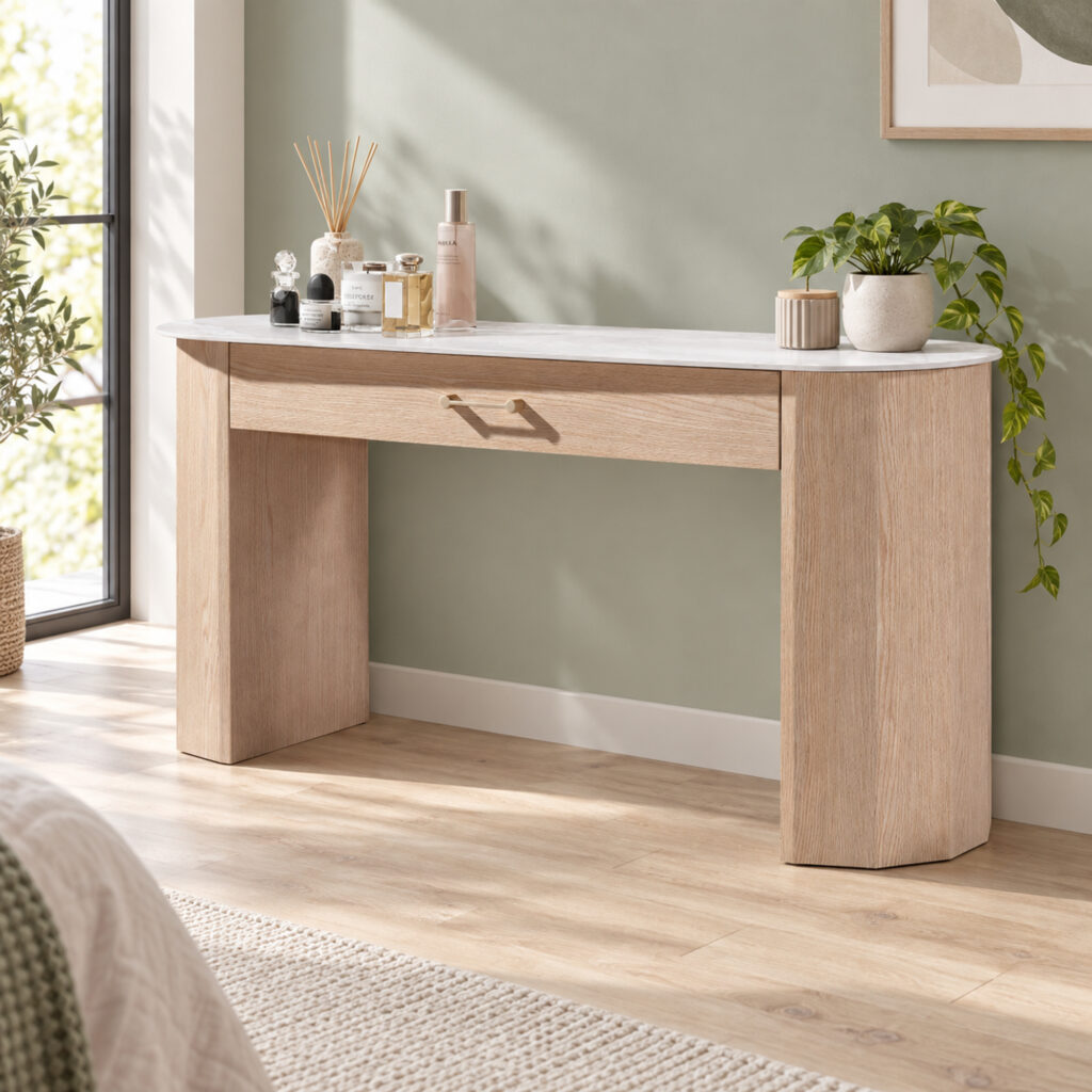 Natural Wood-Tone Dressing Table with Sintered-Stone Top — styled room view 5