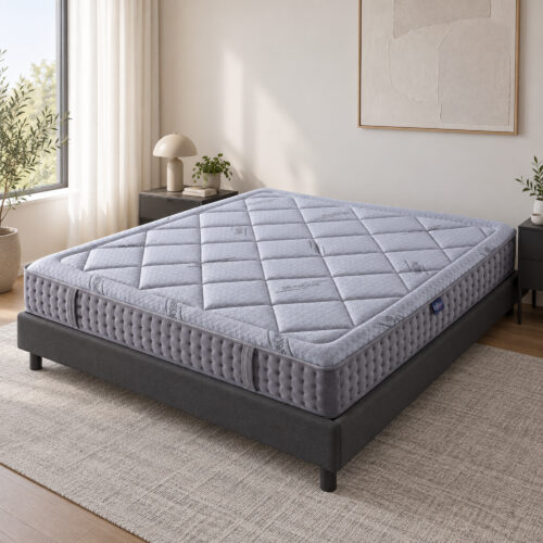 Cove King Pocket Spring Mattress — angled bedroom view showing top and side panels