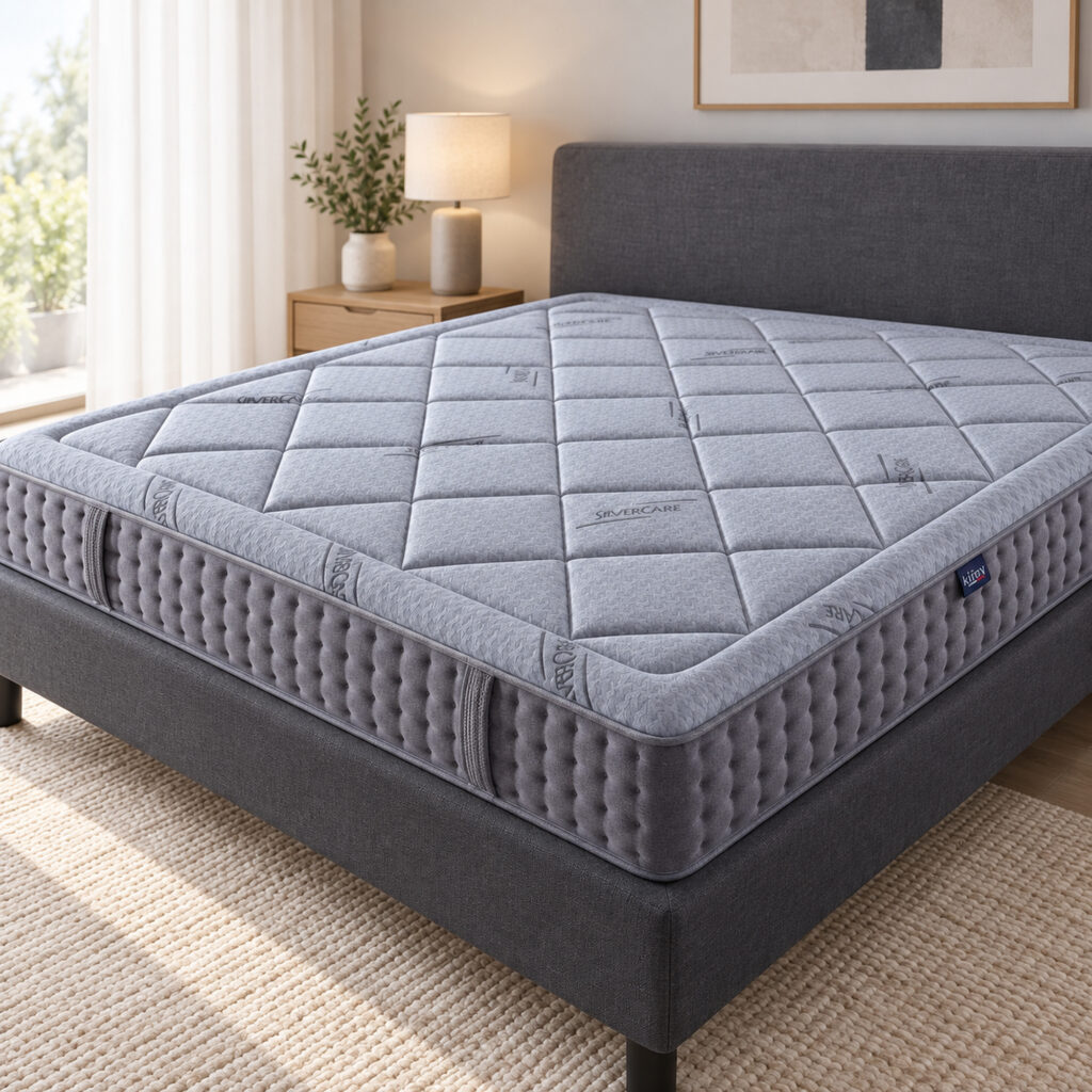 Cove King Pocket Spring Mattress — closer bedroom view showing quilted top and side panel