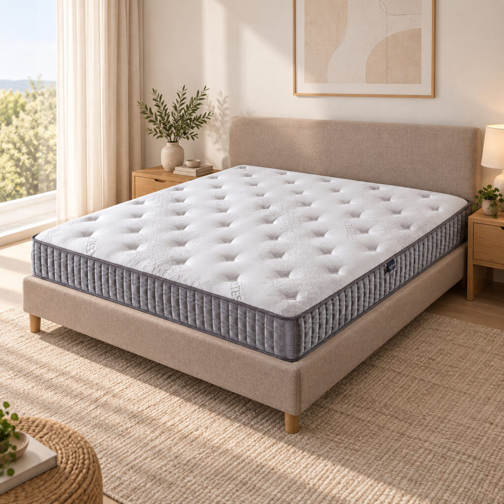 Linden King Pocket Spring Mattress — angled bedroom view showing top and side panels