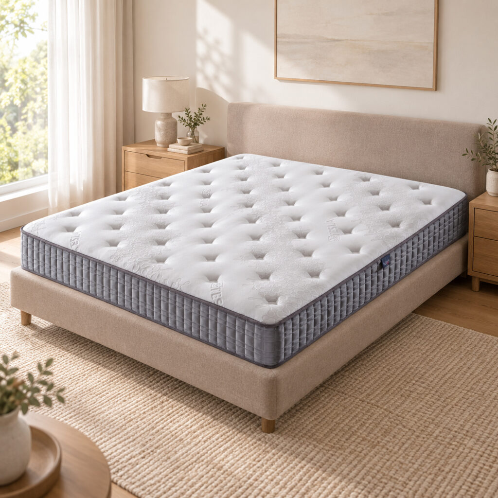 Linden King Pocket Spring Mattress — elevated bedroom view showing mattress surface