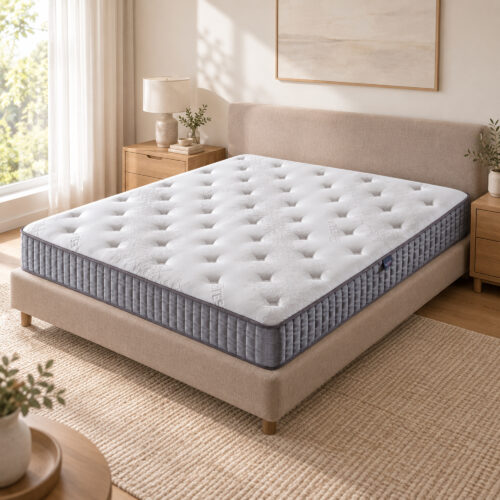 Linden King Pocket Spring Mattress — elevated bedroom view showing mattress surface