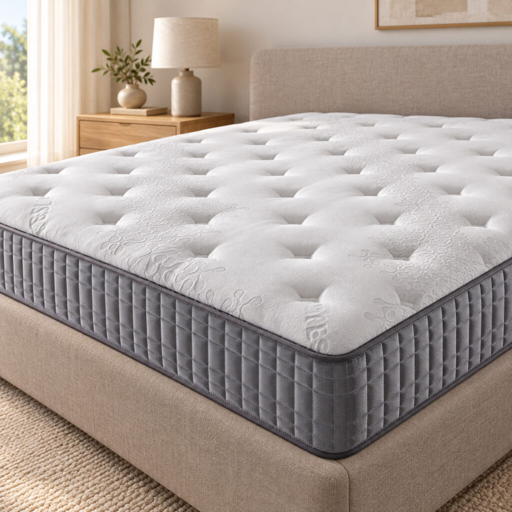 Linden King Pocket Spring Mattress — closer bedroom view showing quilted top and side panel