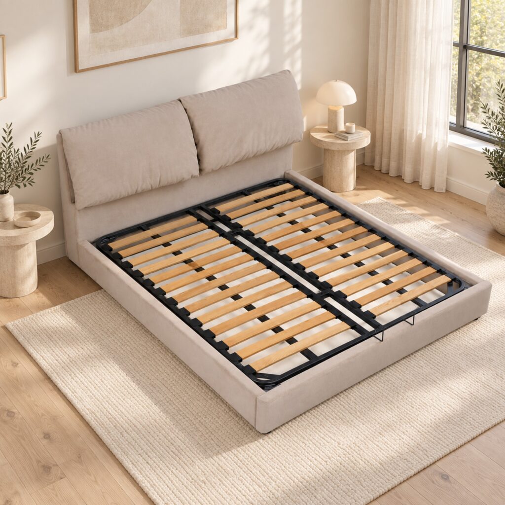 Arlo Beige Cushioned Hydraulic Storage Bed Frame - Queen — styled bedroom scene; mattress, bedding and room furnishings not included; model photographs shared across sizes