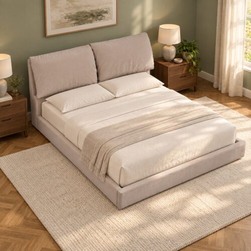 Arlo Beige Cushioned Hydraulic Storage Bed Frame - Queen — styled bedroom scene; mattress, bedding and room furnishings not included; model photographs shared across sizes