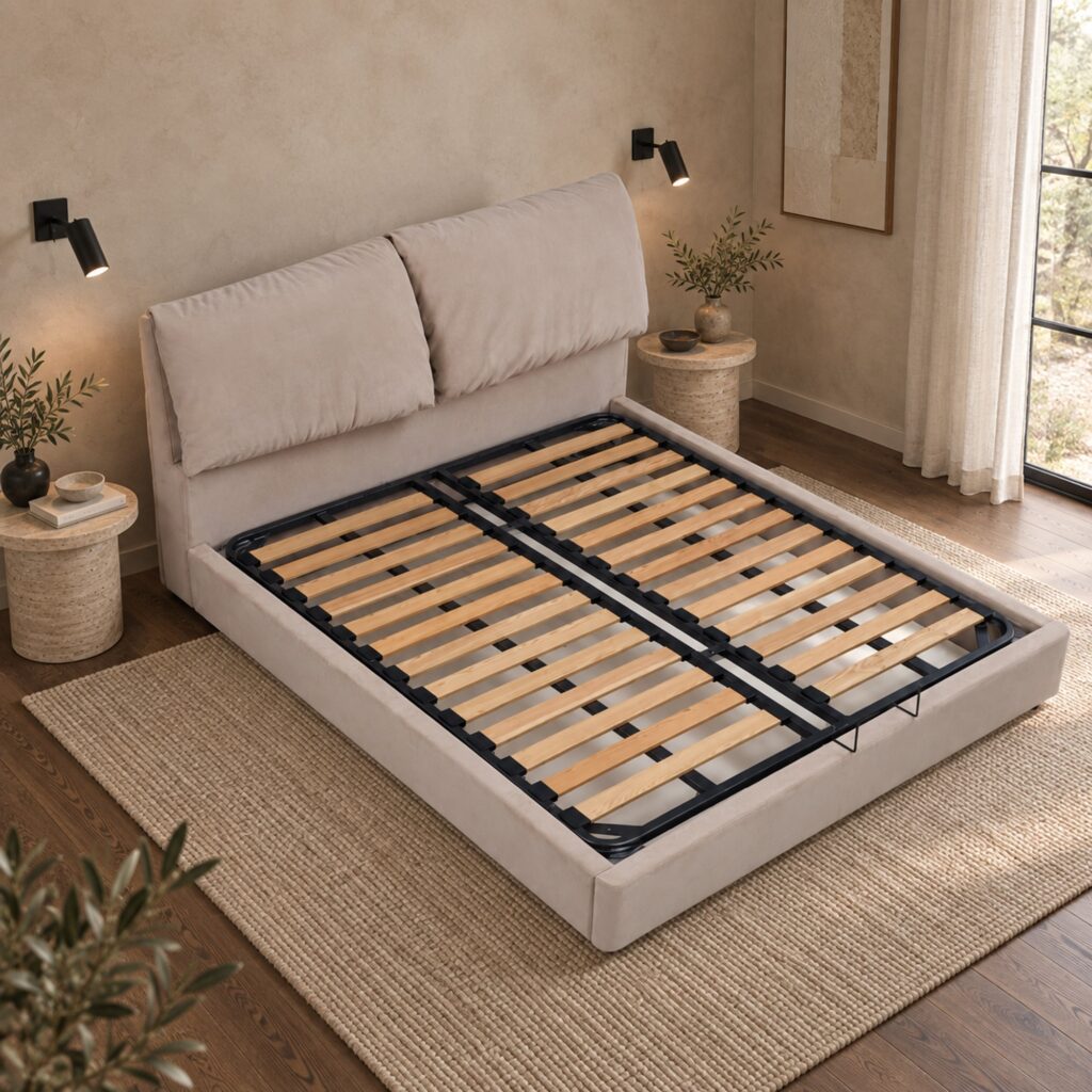 Arlo Beige Cushioned Hydraulic Storage Bed Frame - Queen — styled bedroom scene; mattress, bedding and room furnishings not included; model photographs shared across sizes