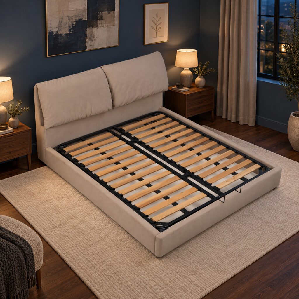 Arlo Beige Cushioned Hydraulic Storage Bed Frame - Queen — styled bedroom scene; mattress, bedding and room furnishings not included; model photographs shared across sizes