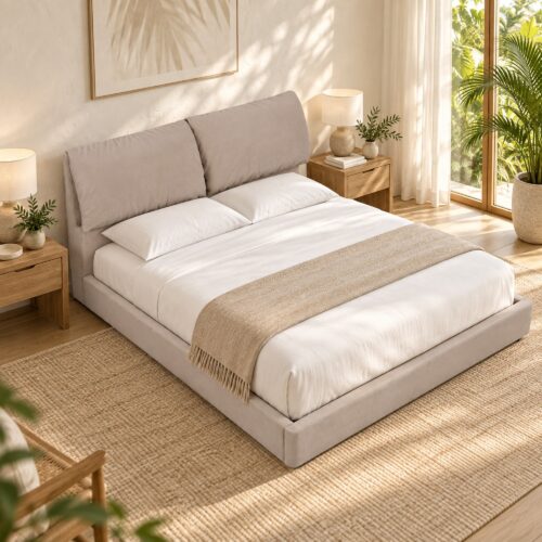 Arlo Beige Cushioned Hydraulic Storage Bed Frame - Queen — styled bedroom scene; mattress, bedding and room furnishings not included; model photographs shared across sizes