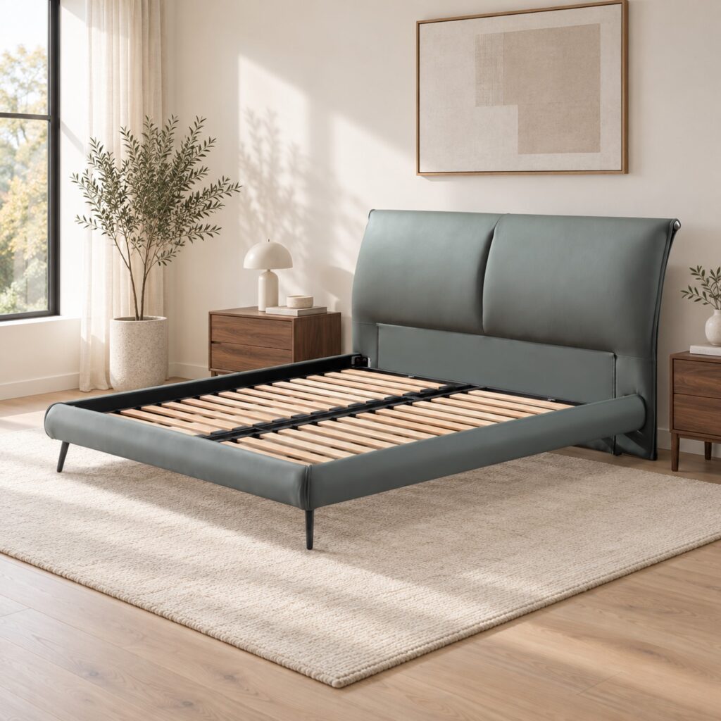Elio Grey Leather Hydraulic Storage Bed Frame - Queen — styled bedroom scene; mattress, bedding and room furnishings not included; model photographs shared across sizes