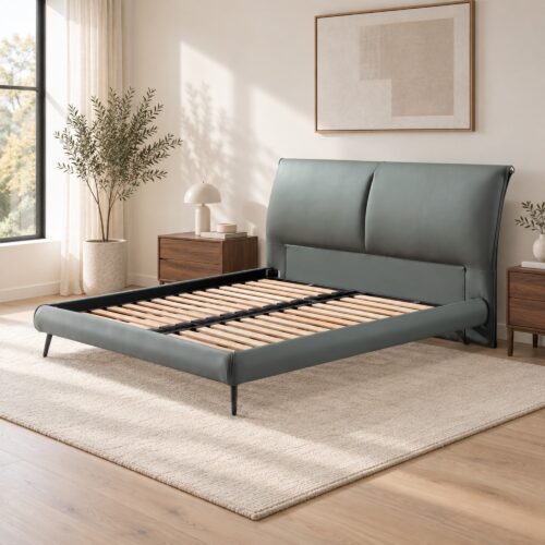 Elio Grey Leather Hydraulic Storage Bed Frame - Queen — styled bedroom scene; mattress, bedding and room furnishings not included; model photographs shared across sizes