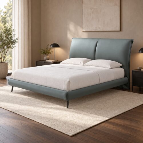Elio Grey Leather Hydraulic Storage Bed Frame - Queen — styled bedroom scene; mattress, bedding and room furnishings not included; model photographs shared across sizes