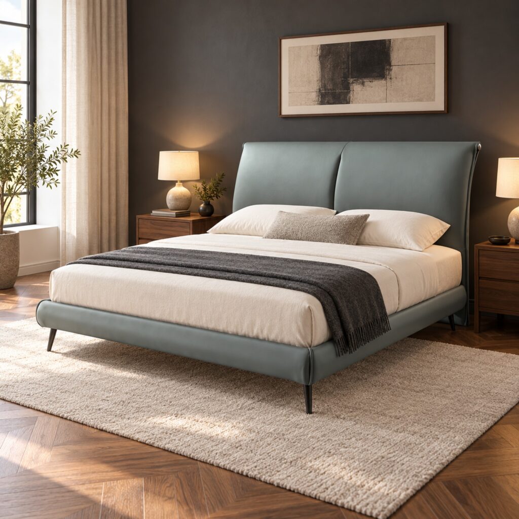Elio Grey Leather Hydraulic Storage Bed Frame - Queen — styled bedroom scene; mattress, bedding and room furnishings not included; model photographs shared across sizes