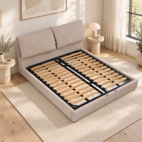 Arlo Beige Cushioned Hydraulic Storage Bed Frame - King — styled bedroom scene; mattress, bedding and room furnishings not included; model photographs shared across sizes