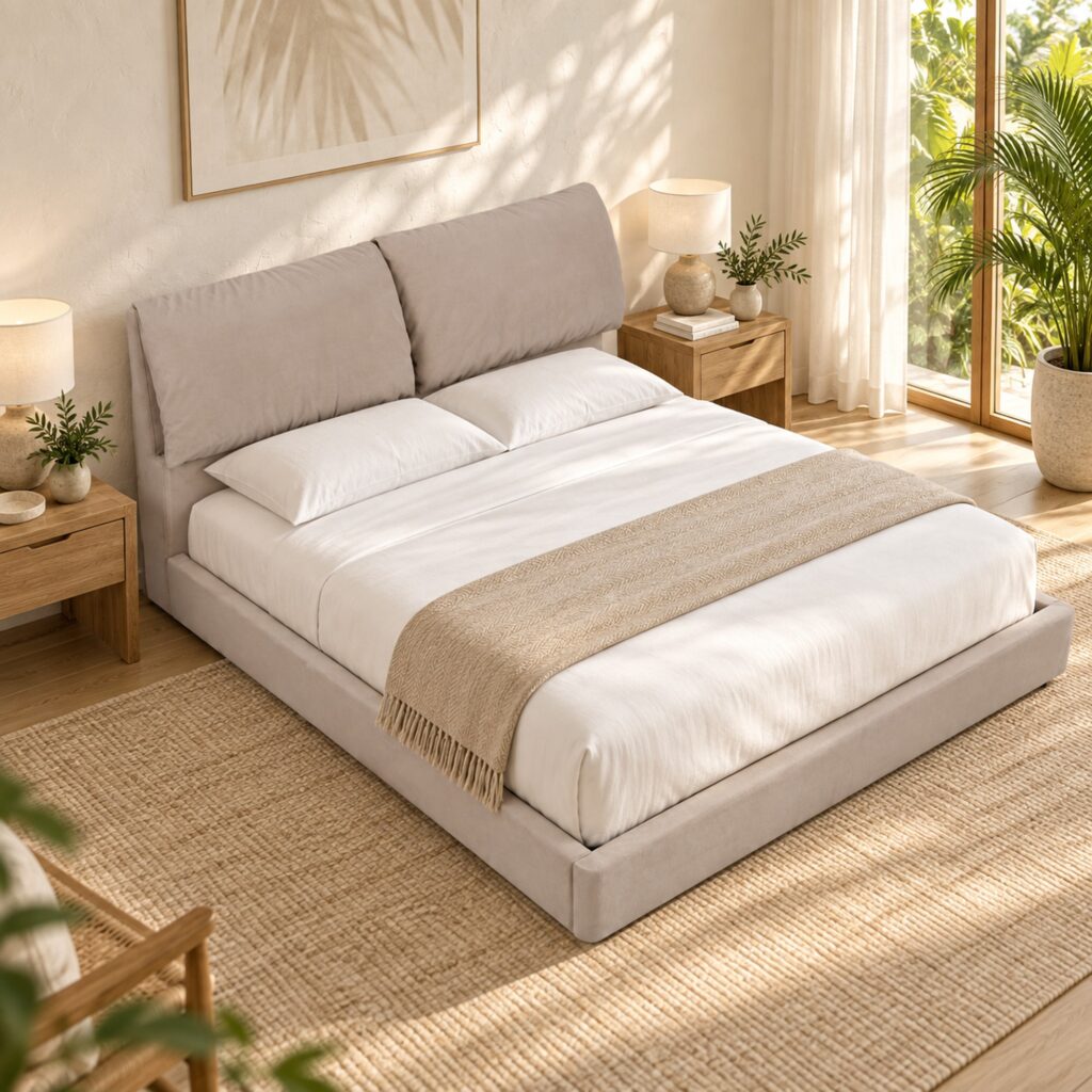 Arlo Beige Cushioned Hydraulic Storage Bed Frame - King — styled bedroom scene; mattress, bedding and room furnishings not included; model photographs shared across sizes