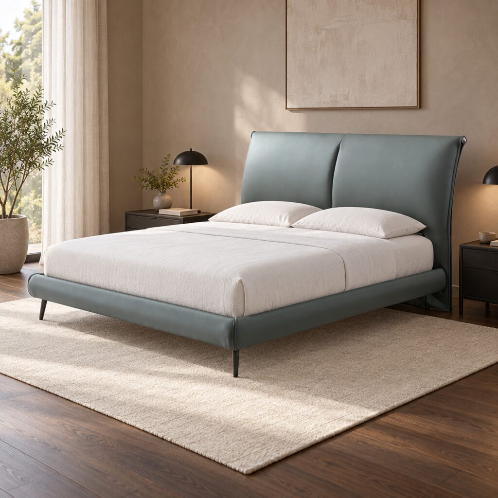Elio Grey Leather Hydraulic Storage Bed Frame - King — styled bedroom scene; mattress, bedding and room furnishings not included; model photographs shared across sizes