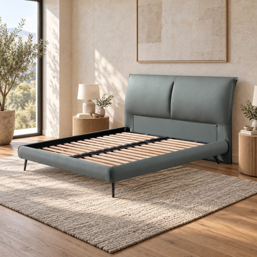 Elio Grey Leather Hydraulic Storage Bed Frame - King — styled bedroom scene; mattress, bedding and room furnishings not included; model photographs shared across sizes