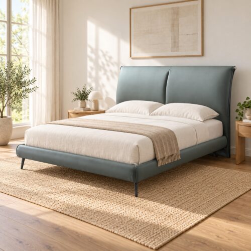 Elio Grey Leather Hydraulic Storage Bed Frame - King — styled bedroom scene; mattress, bedding and room furnishings not included; model photographs shared across sizes