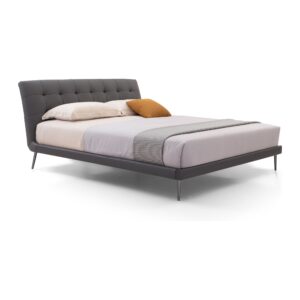 Riven Dark Grey Tufted Leather Bed Frame - Queen — three-quarter studio view; model photographs shared across sizes; mattress and bedding not included