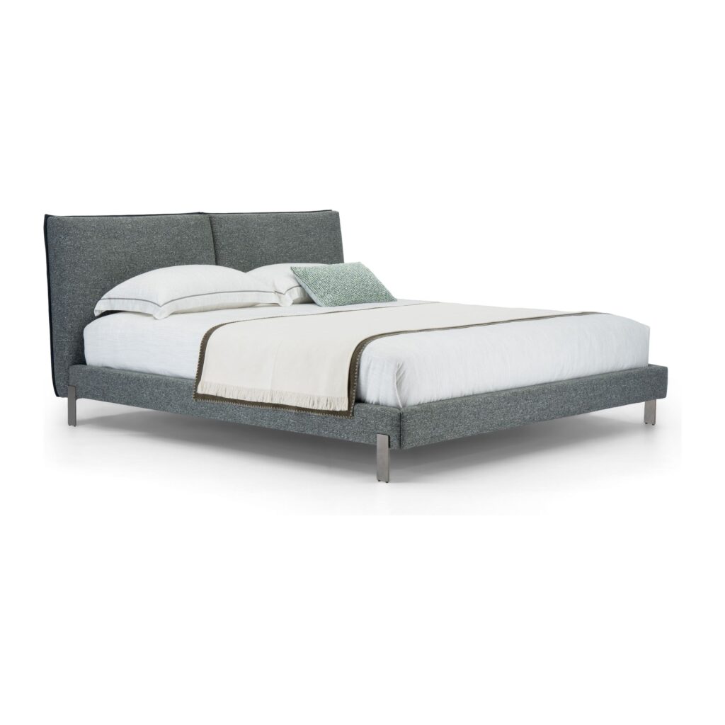 Soren Grey Upholstered Bed Frame with Split Headboard - Queen — three-quarter studio view; model photographs shared across sizes; mattress and bedding not included