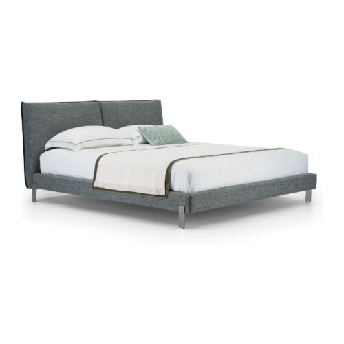 Soren Grey Upholstered Bed Frame with Split Headboard - Queen — three-quarter studio view; model photographs shared across sizes; mattress and bedding not included