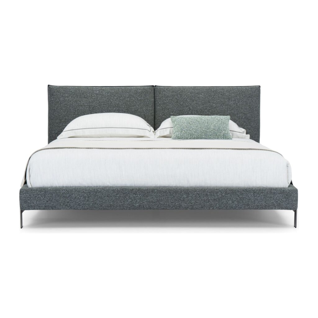 Soren Grey Upholstered Bed Frame with Split Headboard - Queen — front studio view; model photographs shared across sizes; mattress and bedding not included