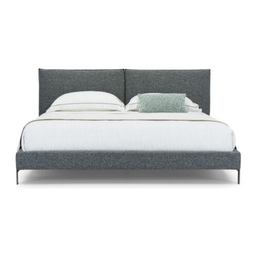 Soren Grey Upholstered Bed Frame with Split Headboard - Queen — front studio view; model photographs shared across sizes; mattress and bedding not included