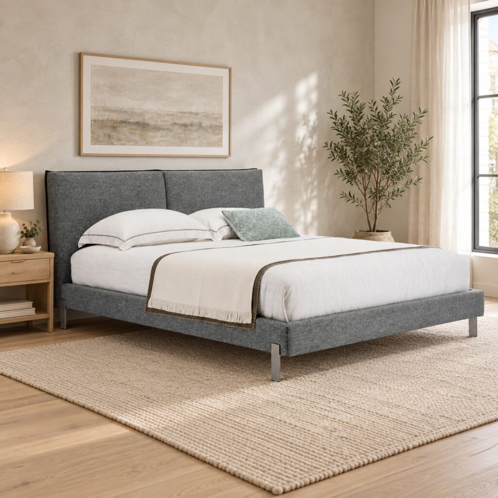 Soren Grey Upholstered Bed Frame with Split Headboard - Queen — bright bedroom with limewashed walls and oak furniture; model photographs shared across sizes; mattress, bedding and furnishings not included