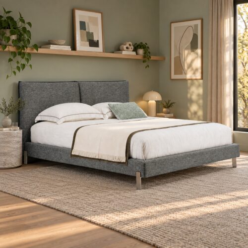 Soren Grey Upholstered Bed Frame with Split Headboard - Queen — sage bedroom with round stone bedside table; model photographs shared across sizes; mattress, bedding and furnishings not included
