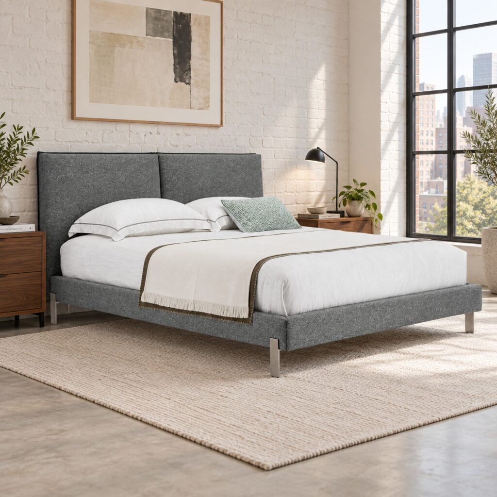 Soren Grey Upholstered Bed Frame with Split Headboard - Queen — loft bedroom with a white brick wall and walnut bedside chest; model photographs shared across sizes; mattress, bedding and furnishings not included