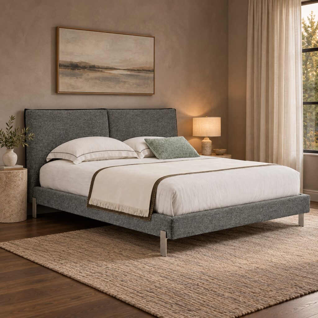 Soren Grey Upholstered Bed Frame with Split Headboard - Queen — taupe bedroom with a stone bedside pedestal; model photographs shared across sizes; mattress, bedding and furnishings not included
