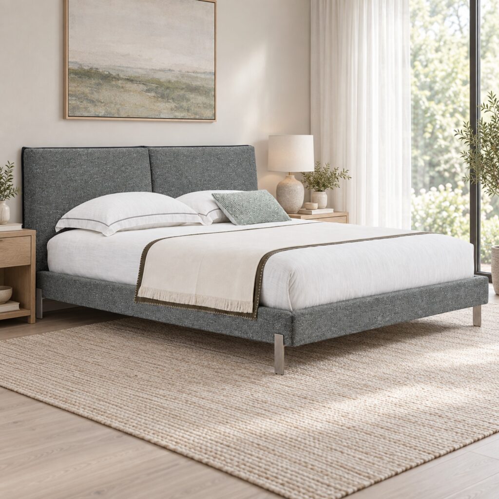Soren Grey Upholstered Bed Frame with Split Headboard - Queen — garden-facing bedroom with sheer curtains and light wood furniture; model photographs shared across sizes; mattress, bedding and furnishings not included