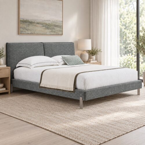 Soren Grey Upholstered Bed Frame with Split Headboard - Queen — garden-facing bedroom with sheer curtains and light wood furniture; model photographs shared across sizes; mattress, bedding and furnishings not included
